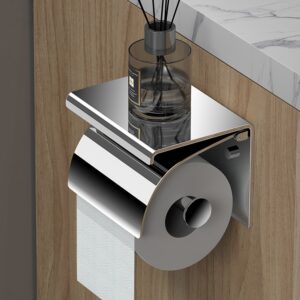Wall Mounted Stainless Steel Toilet Paper Holder with Phone Shelf (No-Drill, Bathroom)