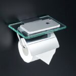 Wall Mounted Solid Brass Toilet Paper Holder with Glass Shelf (Phone Holder, Hotel Style, Bathroom)