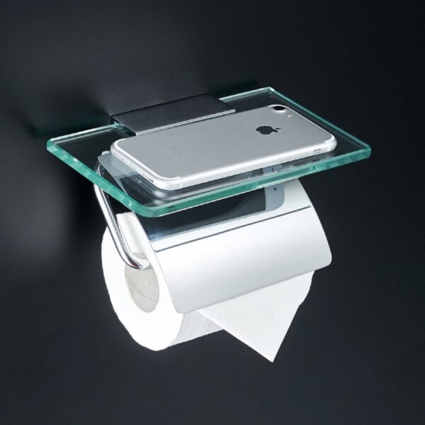 Wall Mounted Solid Brass Toilet Paper Holder with Glass Shelf (Phone Holder, Hotel Style, Bathroom)