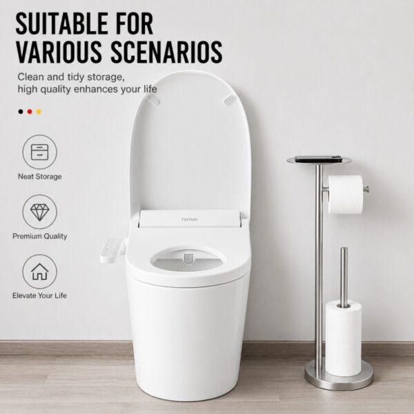 Freestanding Stainless Steel Toilet Paper Holder Stand (No Installation Required, Bathroom Floor Standing)